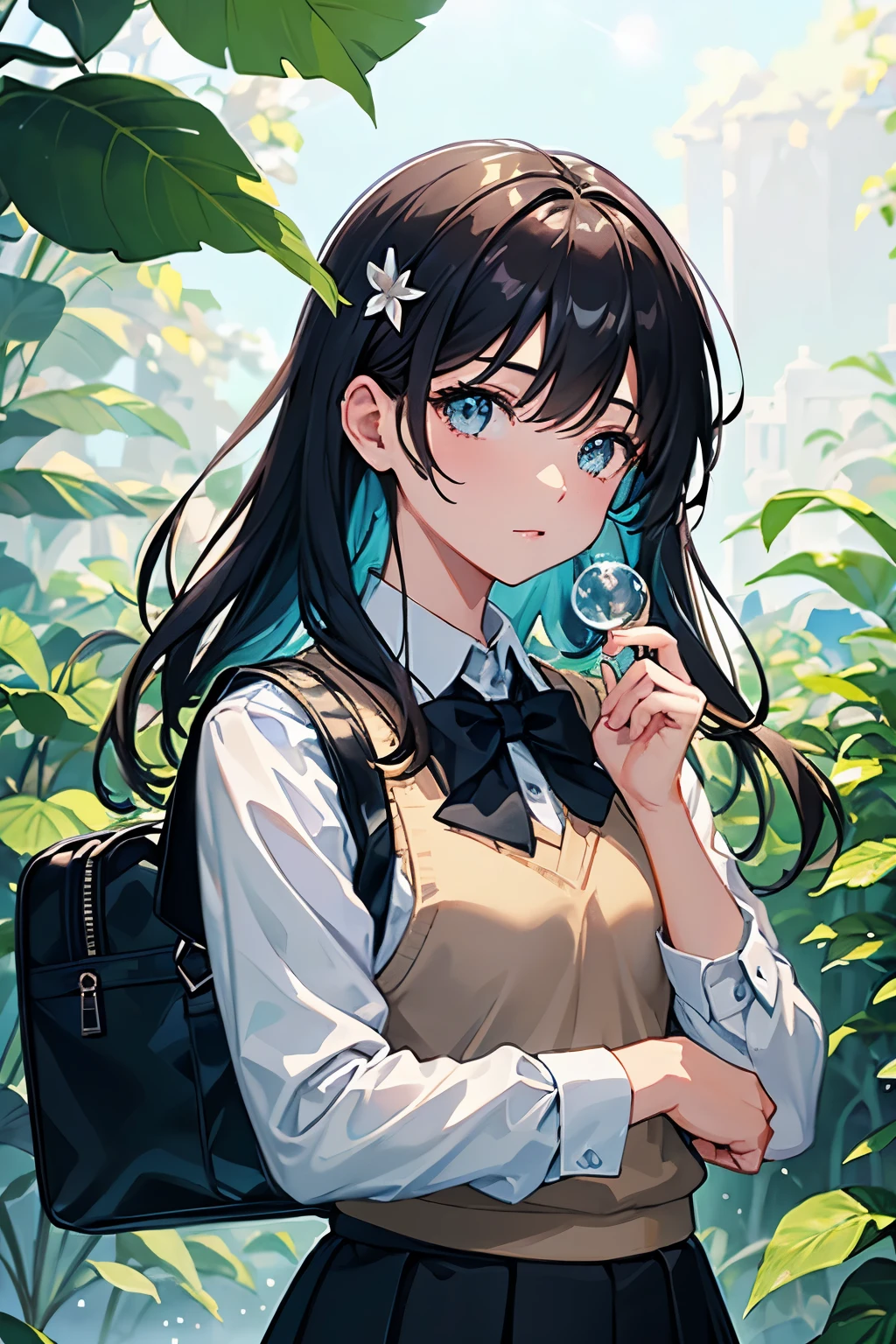 {{masterpiece}}, {{acrylic paint (medium)}}, oil painting (medium), 1girl, black hair,{{powder light in eyes}},shiny hair,school bag,, sweater vest,flower hair ornaments,bloom light,beige vest,floating skirt,white shirt,button,bow,skirt,beautiful detailed bubble,dynamic bubble,leaf,blue sky,cloud,bubble reflect light,shiny bubble,{{{shiny leaf}}},wet leaf,watercolored sky, cinematic lighting, shiny,lens flare