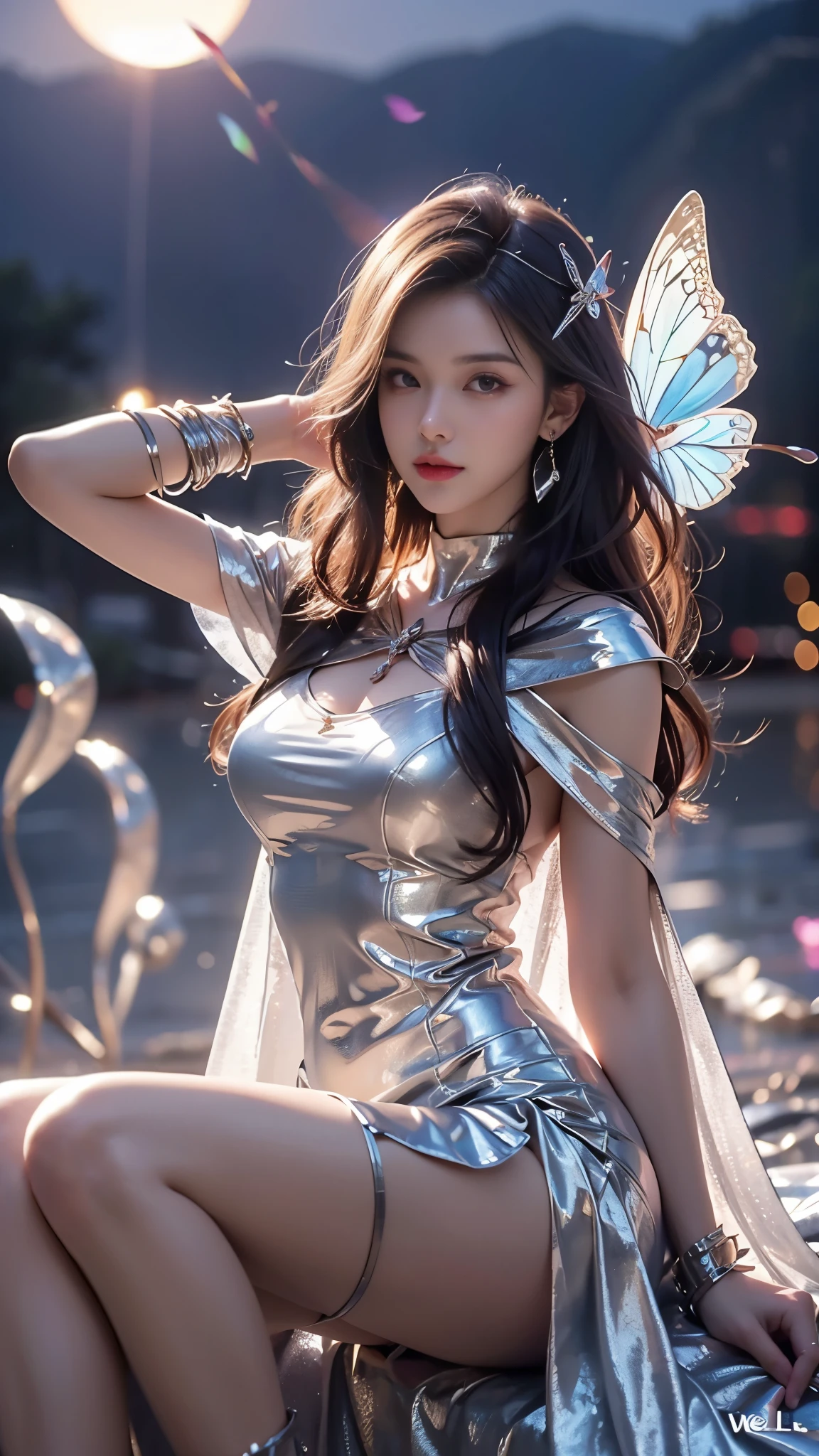 8K, ultra hd, masterpiece, hd colors, 1 girl, perfect face, very long curly hair, detailed eyes, detailed dress, ((silver dress)), stocking, flower lace, ((mesh ribbon)), sardine, straps, net clothing, loops, ((flowing cape)), bare navel, jwellery, waterside, Realistic scenery, epic scenery, sun rising, night, clouds, Butterfly, blossom, blowing wind, perfect pose, ray tracing, bloom, upper body, sitting,