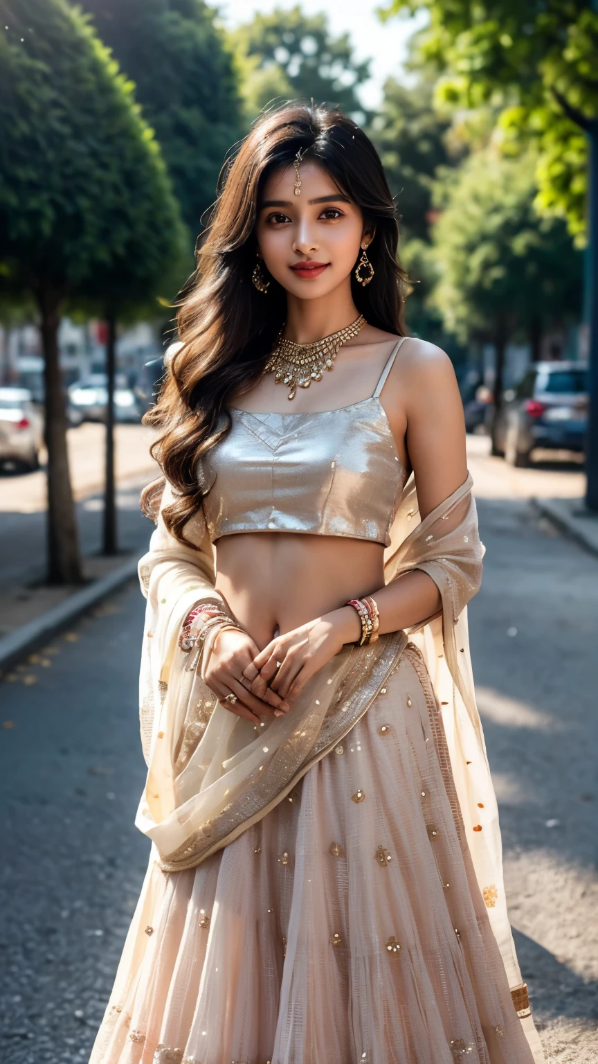(((desi indian young girl))), 16 years girl, cute and pretty face, natural skin, wearing hot deep neck top and dupatta, charming black hair, ((hair ends are blonde)), city streets background,(wearing simple jewellery), round Young Breast, Pretty cute Navel, soft ovel navel, Slender girl, bright light, long_hair, Bokeh, indian ,tree branch, colourfull,princess dress((choli:1.2,dupatta:1.2,lehenga:1.2), smile, pretty, cute, 4k, 8k, CG unity 8k wallpaper, depth of field, ray tracing, perfect figure, sweet round breasts