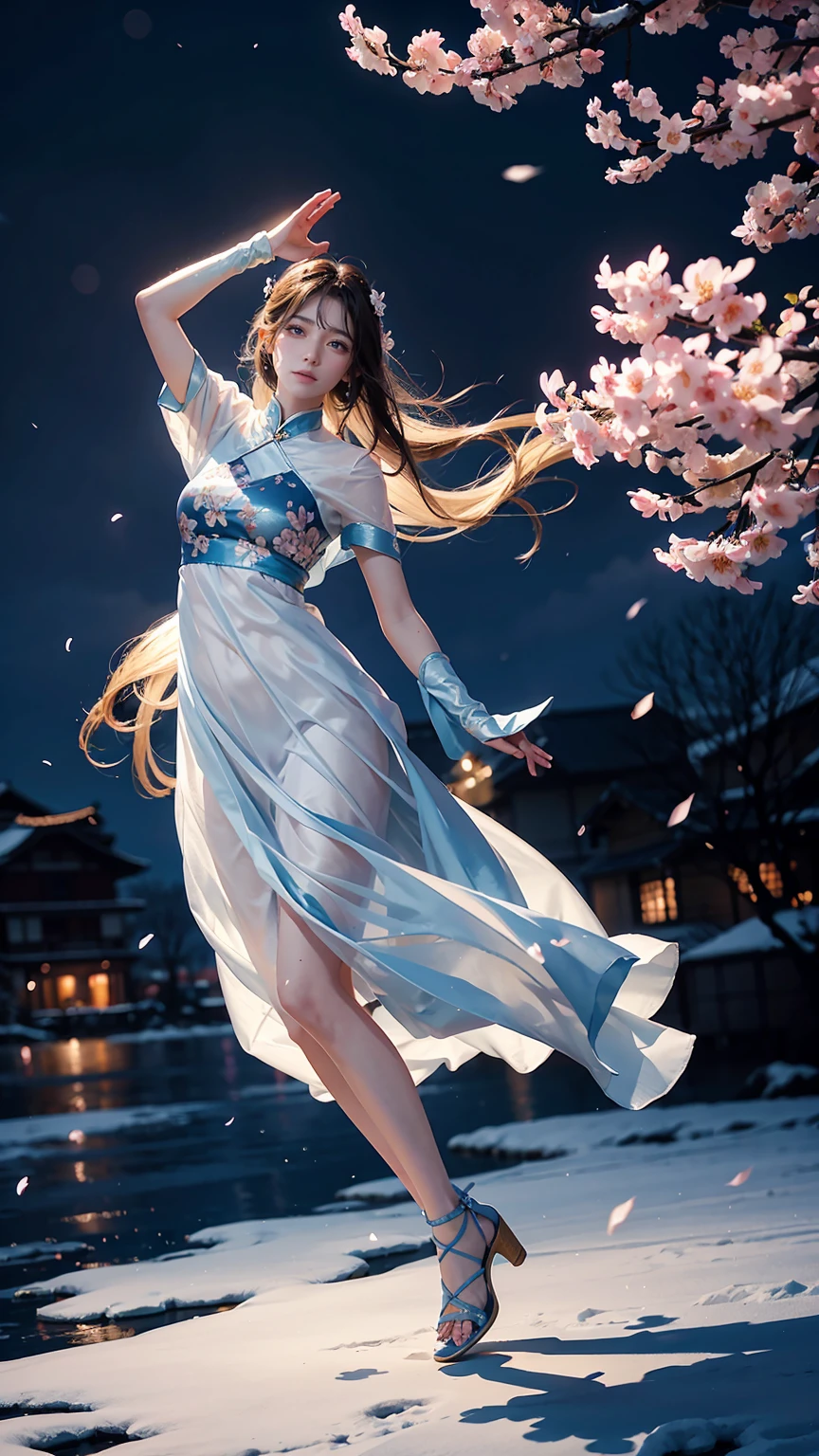 (Logo、masterpiece、8K、On the table、RAW photos、wonderful、最high quality、Photorealistic and hVery detailed CG integrated 8K wallpaper、high quality、Very detailed、Narrative Poems、Particle Effects、dynamic effect)、fantasy、 (1 beautiful woman、Pretty Face、serious、Beautiful and delicate eyes、Beautiful skin、Woman dancing gracefully:1.4)、头发在wind中飘舞、hair jump、night、wind、snow and 霜、Very cold winter day、wonderful scenery、美丽的自然wind光、night sky、wind、Cherry blossoms、Cherry blossomsの花びらが舞っている、Fubuki Sakura、Falling Flowers,Full body capture