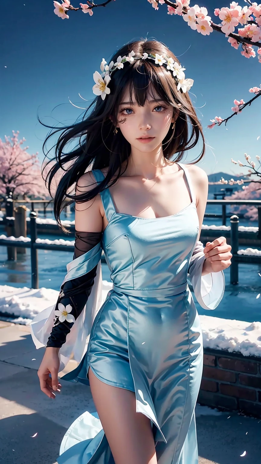 (Logo、masterpiece、8K、On the table、RAW photos、wonderful、最high quality、Photorealistic and hVery detailed CG integrated 8K wallpaper、high quality、Very detailed、Narrative Poems、Particle Effects、dynamic effect)、fantasy、 (1 beautiful woman、Pretty Face、serious、Beautiful and delicate eyes、Beautiful skin、Woman dancing gracefully:1.4)、头发在wind中飘舞、hair jump、night、wind、snow and 霜、Very cold winter day、wonderful scenery、美丽的自然wind光、night sky、wind、Cherry blossoms、Cherry blossomsの花びらが舞っている、Fubuki Sakura、Falling Flowers，Full body capture