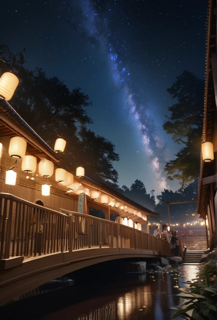 (best quality,4k,8k,highres,masterpiece:1.2),ultra-detailed,(realistic,photorealistic,photo-realistic:1.37),a tanabata festival happening in a night sky with the milky way, trees, and a bridge,festival,night sky,milky way,trees,bridge,fireflies,lanterns,bamboo decorations,japanese architecture,floating petals,warm lighting