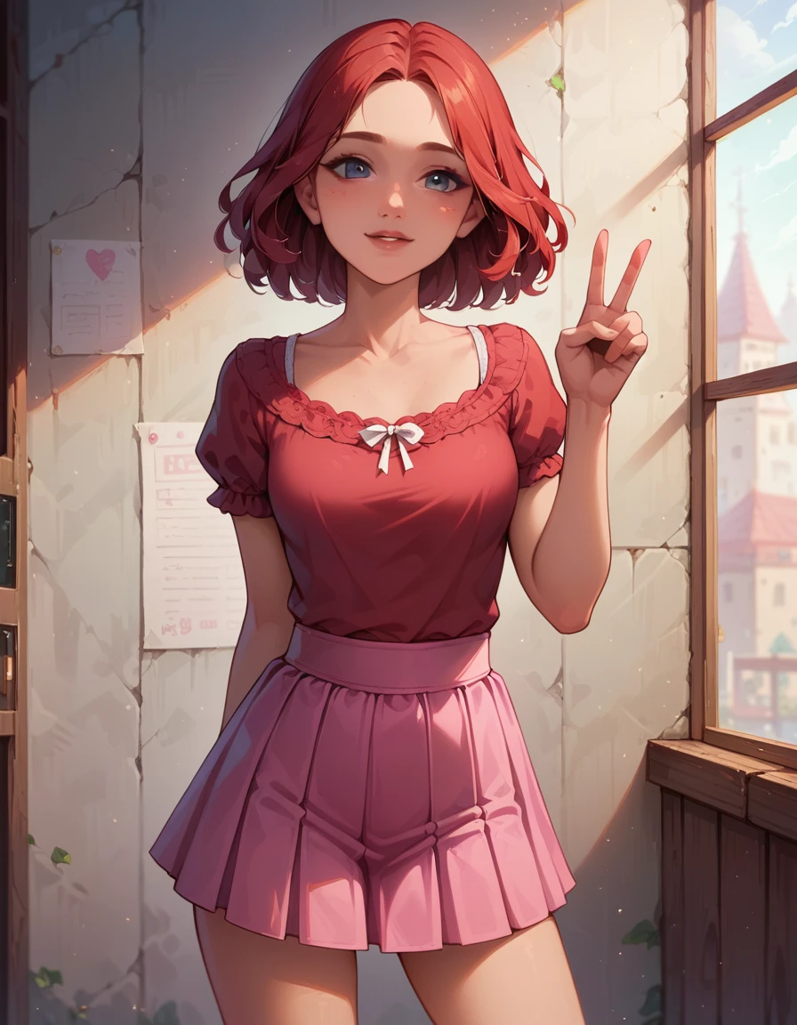 May Lee, Red hair, peace sign, Tilt your head, cowboy shot, coxas nuas, ((red blouse), marking, humida,1 girl, standing alone, ((pink short skirt), marking, gazing at viewer, all-body, pose, best quality, no flaws