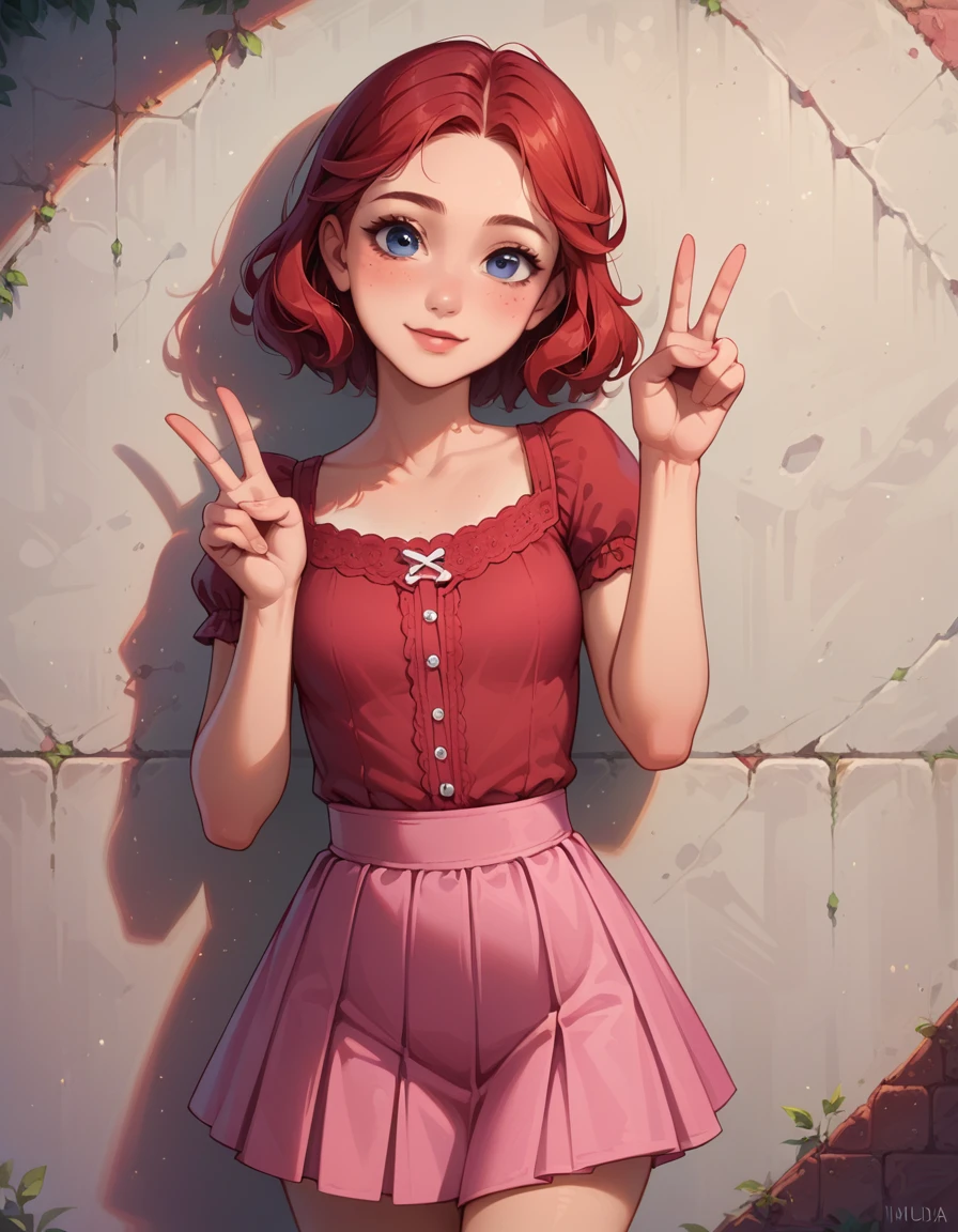 May Lee, Red hair, peace sign, Tilt your head, cowboy shot, coxas nuas, ((red blouse), marking, humida,1 girl, standing alone, ((pink short skirt), marking, gazing at viewer, all-body, pose, best quality, no flaws