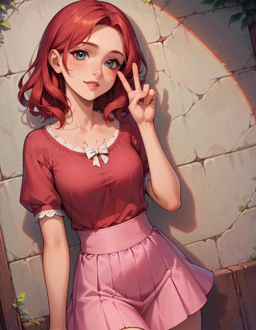 May Lee, Red hair, peace sign, Tilt your head, cowboy shot, coxas nuas, ((red blouse), marking, humida,1 girl, standing alone, ((pink short skirt), marking, gazing at viewer, all-body, pose, best quality, no flaws