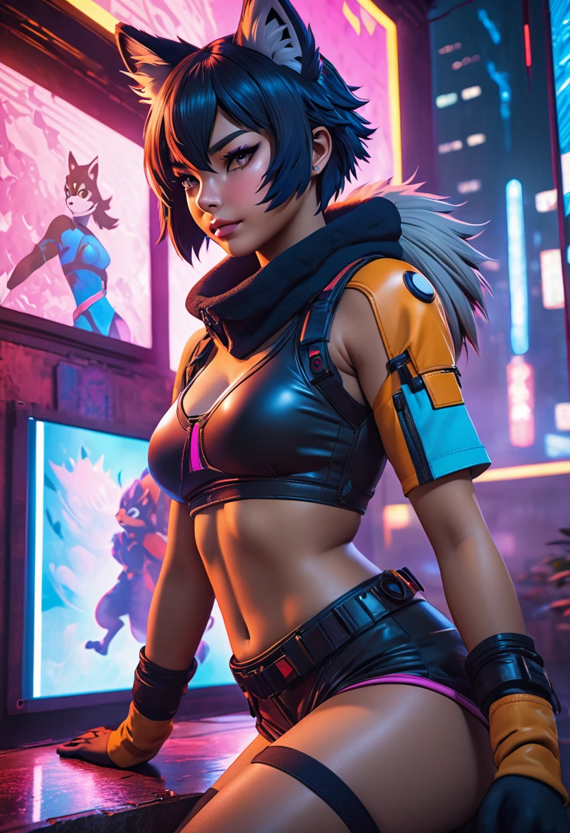 masterpiece, best quality, highres, resolution, vibrant colors, smooth gradients, (1boy, 1girl, hero, heroine, kemono, furry, anthro)atmospheric perspective, intricate details, natural lighting effects, realistic textures, immersive scene, steamy storyline, cyberpunk aesthetic, erotic impression, sensuality,
