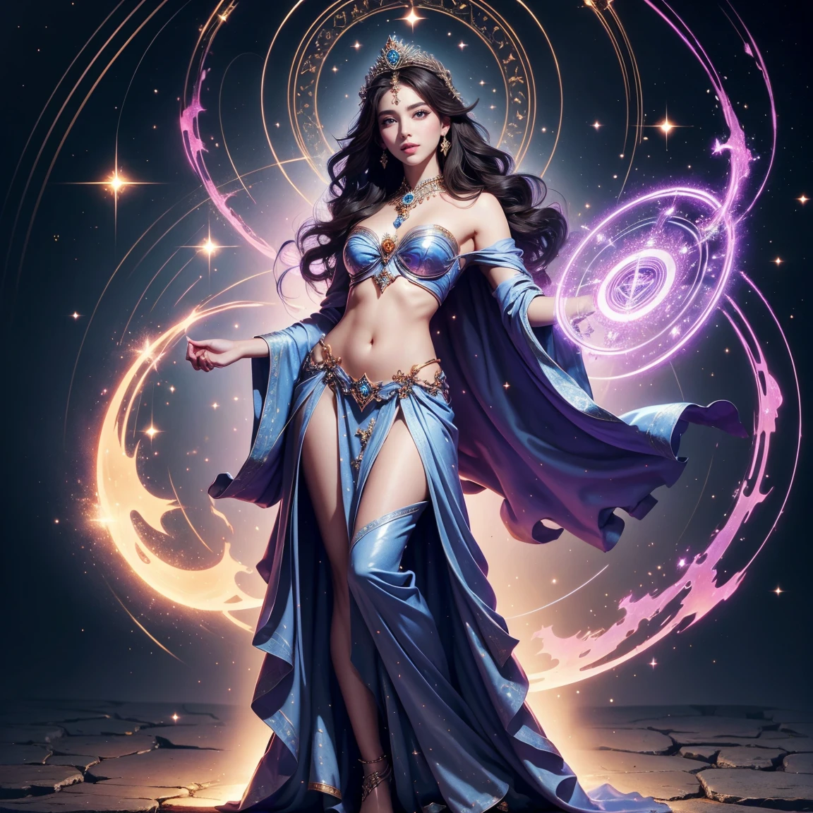 (masterpiece, highest quality), ultra detailed, high resolution, 16k, the most beautiful face in the world, highly detailed beautiful face and eyes, shiny skin, fine cloth texture, Perfect limbs, perfect ???????, BREAK, (the incarnation of beauty:1.3), (goddess of beauty:1.3), (gorgeous and stunning princess:1.3), perfect make-up, deeply in love, full of elegance. solo, (full body:1.5), aura, moonlight magic, V0id3nergy, starry sky