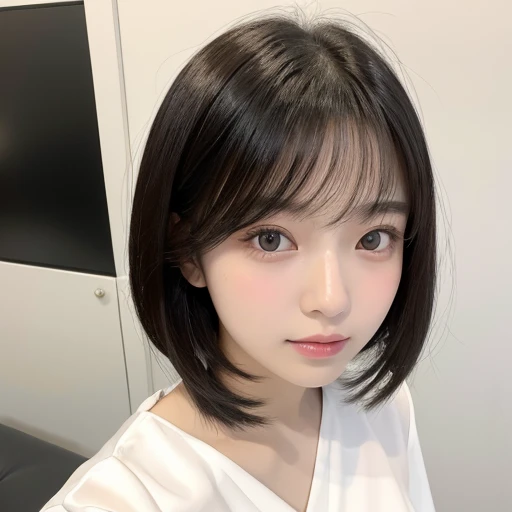 20-year-old women、Japanese、Beauty、The eyes are double、blouse、White Background、Beautiful Skin、Glossy Lips、Black short hair、whole body、Selfie