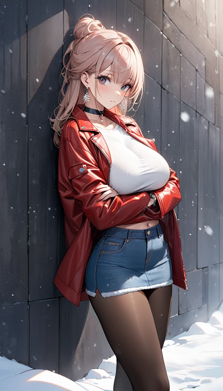 Highest quality, wonderful_delicate, beautiful, 8k, Red leather jacket, Earrings, choker, concept,whole body,Leaning against a wall,Watch the viewer with a sideways glance,Low rise,Jeans Mini Skirt,Black Pantyhose,Groin,Big shirt,Very sexy woman,Large Breasts,winter,Snow is falling