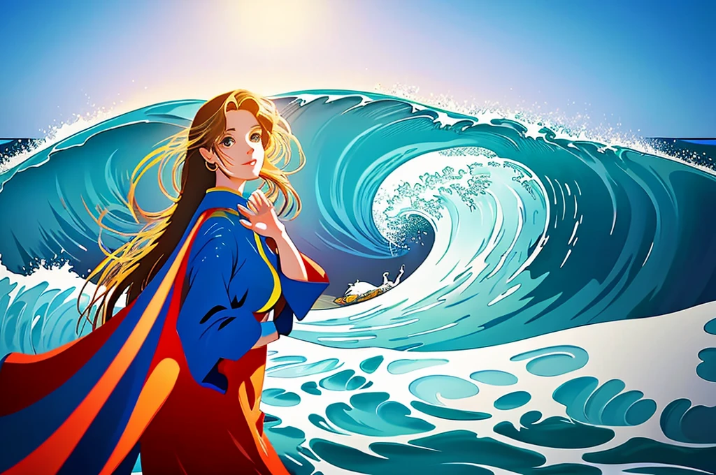 Highest quality　masterpiece　The most beautiful woman in Japan standing in front of a huge wave like this one　Real　Photo style　Colorful