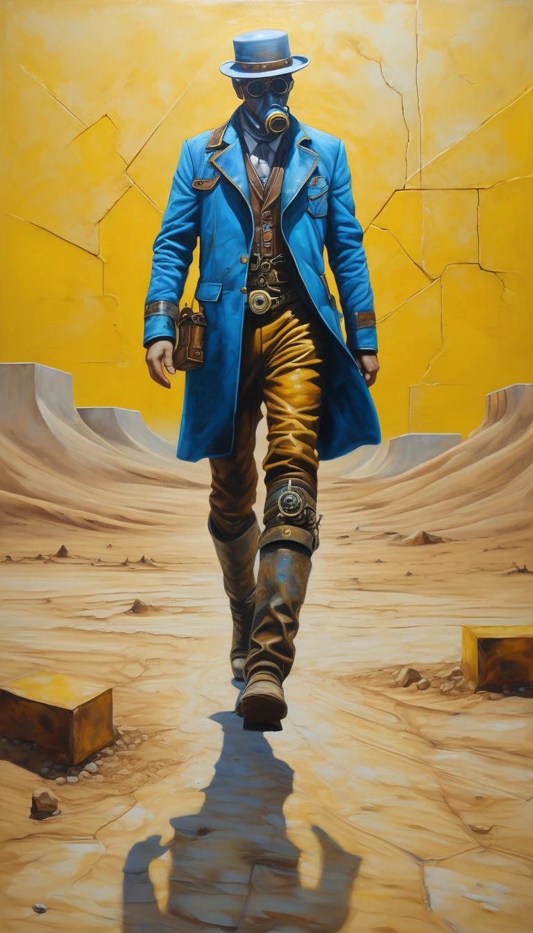 oil on canvas, high relief textured, steampunk man in the desert walking alone, construction, construction site, building, azul e amarelo, floor, minimalistic