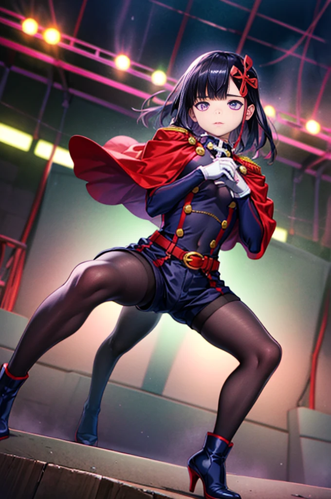 Highest quality,masterpiece,from_Downに,looking for_in_audience,looking for_Down,masterpiece,Highly detailed CG Unity 8k,movie lighting,((彼女をDownfrom撮影、Dynamic posture、only、High Kick、足in攻める、Superperspective、Wide Shot、shortening、Combat Stance)),
yamashiro768, Purple eyes, 1 girl, pantyhose, 一人in, Black Hair, Purple eyes, gloves, Cape, Long Hair, white gloves, chest, black pantyhose, belt, red Cape, boots, Blue shoes, whole body, large chest, hair ornaments, looking for in audience, お誕生日おめinとう, bangs, Long sleeve, purple shoes, High heels, cloud
 