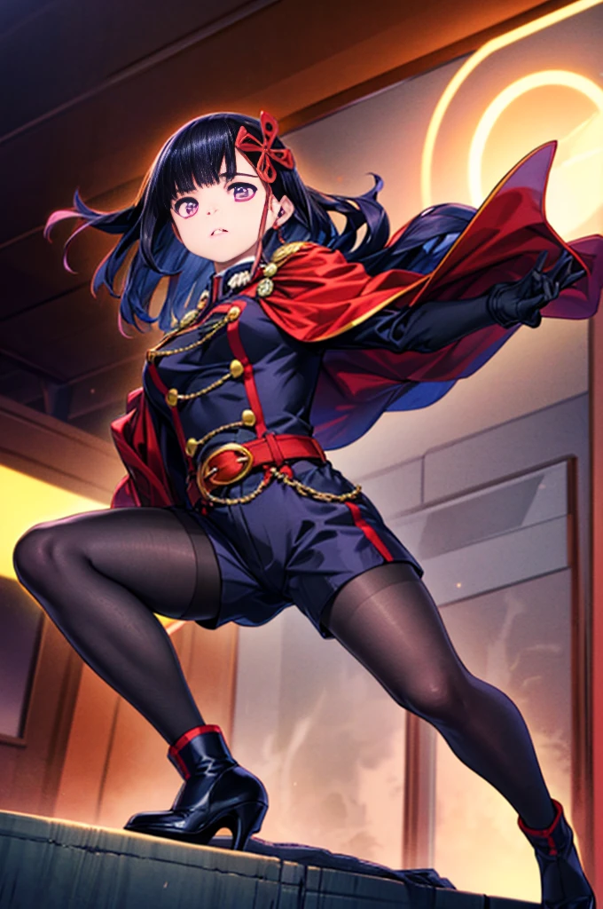 Highest quality,masterpiece,from_Downに,looking for_in_audience,looking for_Down,masterpiece,Highly detailed CG Unity 8k,movie lighting,((彼女をDownfrom撮影、Dynamic posture、only、High Kick、足in攻める、Superperspective、Wide Shot、shortening、Combat Stance)),
yamashiro768, Purple eyes, 1 girl, pantyhose, 一人in, Black Hair, Purple eyes, gloves, Cape, Long Hair, white gloves, chest, black pantyhose, belt, red Cape, boots, Blue shoes, whole body, large chest, hair ornaments, looking for in audience, お誕生日おめinとう, bangs, Long sleeve, purple shoes, High heels, cloud