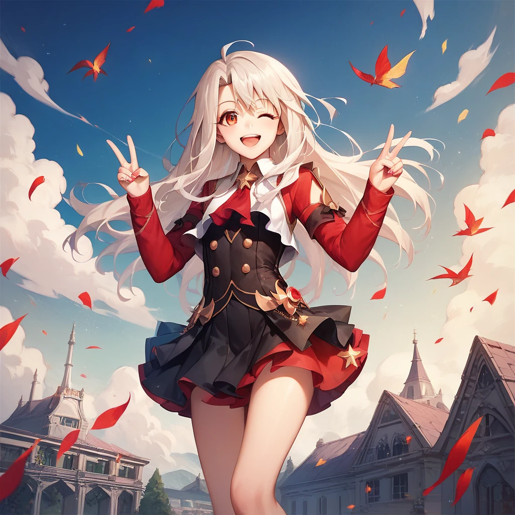 score_9, score_8_up, score_7_up, (masterpiece, best quality, very aesthetic, ultra detailed), intricate details, 1girl, illyasviel von einzbern, fate \(series\), white hair, red eyes, one eye closed, open mouth, skirt, double v, smile,