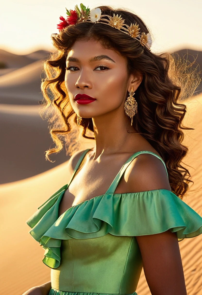 Zendaya undercover, with brown skin and long, curly waist-length brown hair, wearing a Swiss grass green dress with flowing ruffle details, reflecting the setting sun's light. She has a floral tiara with red, white, green, and pink flowers, bold red lipstick, and golden hoop earrings. The backdrop is a desert with rolling dunes, blue sky, and the setting sun painting the sands with amber and gold tones, highlighting her silhouette. She is in profile, partially turning her back to the right side but looking at the camera, in a realistic and professional style like a magazine photoshoot.