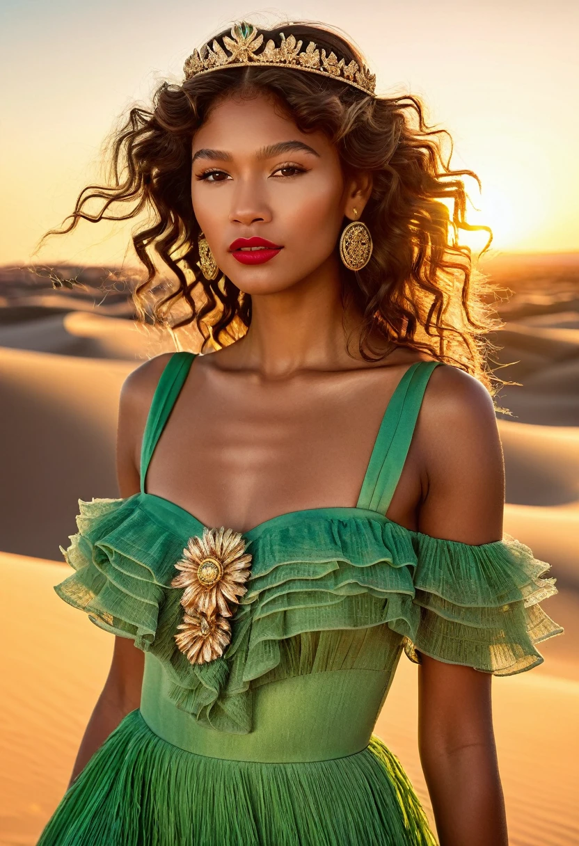Zendaya undercover, with brown skin and long, curly waist-length brown hair, wearing a Swiss grass green dress with flowing ruffle details, reflecting the setting sun's light. She has a floral tiara with red, white, green, and pink flowers, bold red lipstick, and golden hoop earrings. The backdrop is a desert with rolling dunes, blue sky, and the setting sun painting the sands with amber and gold tones, highlighting her silhouette. She is in profile, partially turning her back to the right side but looking at the camera, in a realistic and professional style like a magazine photoshoot.