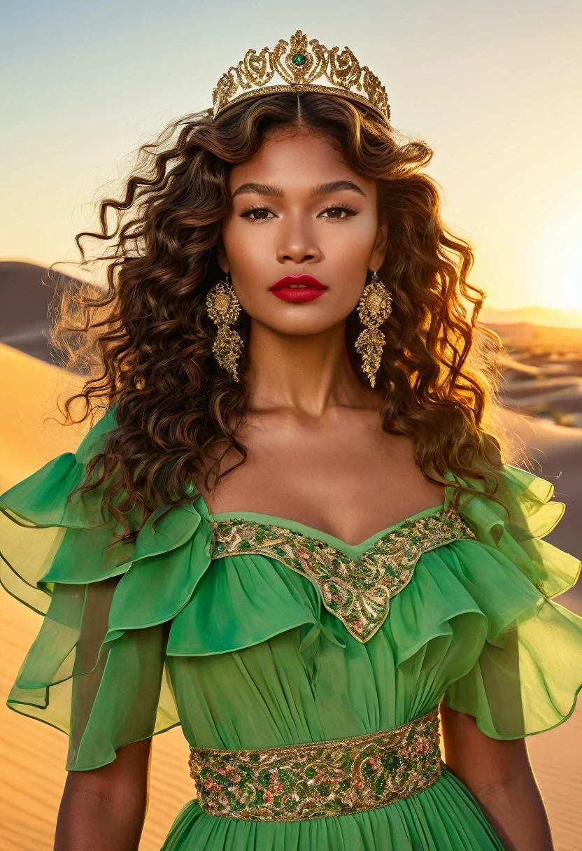 Zendaya undercover, with brown skin and long, curly waist-length brown hair, wearing a Swiss grass green dress with flowing ruffle details, reflecting the setting sun's light. She has a floral tiara with red, white, green, and pink flowers, bold red lipstick, and golden hoop earrings. The backdrop is a desert with rolling dunes, blue sky, and the setting sun painting the sands with amber and gold tones, highlighting her silhouette. She is in profile, partially turning her back to the right side but looking at the camera, in a realistic and professional style like a magazine photoshoot.