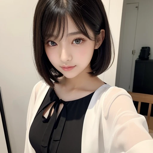 20-year-old women、Japanese、Beauty、The eyes are double、blouse、White Background、Beautiful Skin、Glossy Lips、Black short hair、whole body、Selfie