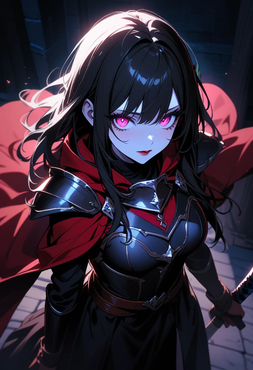full body portrait, 1girl, solo, (long black hair), detailed face, mischief expression, pale white skin, pink eyes, (detailed eyes), long eyelashes, black eye liner, red lipstick, black tunic, red cloak, long dress, leather glove, (holding weapon, sword), (chest armor), moonlight, hard lighting, blue light, cold light, (medieval theme), (masterpiece), super detailed, best quality, POV