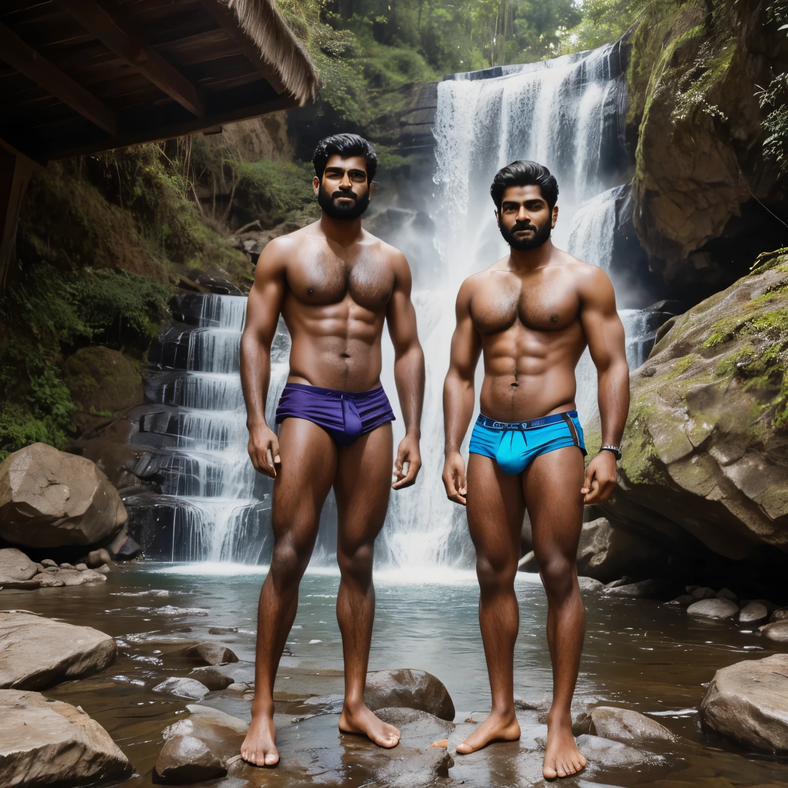 a two (young and matured adult) south indian man standing on rocks in front of waterfall, shirtless, they are wearing a underwear, they are hairy body, (((their detailed face))), perfect eyes, perfect face, perfect legs, perfect hands.