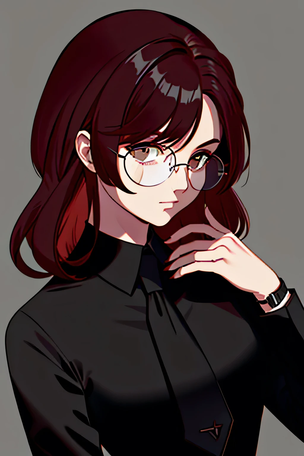 a 1girl, body complet, very detail, a lot of details, very extremely beautiful,  ((masterpiece, minimalism)), (short black and red Hair), black necktie, (red shirt), Dark colors, looks into space, ((glasses))