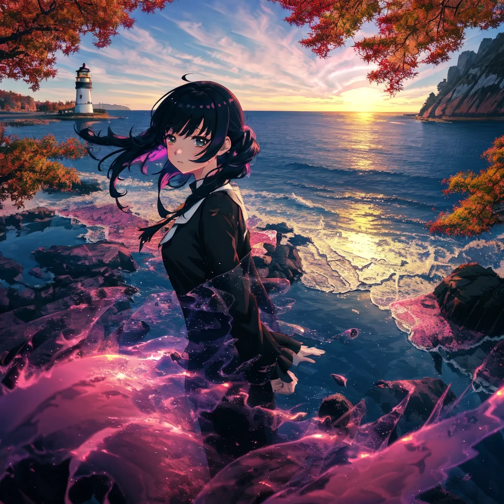 Sea view, Lighthouse,evening,Colorful anime movie background, Floating bubbles, escaping air bubbles, Anime Background art, Dreamy psychedelic anime, Beautiful anime scene, Beautiful anime scenery, Anime Background, autumn leaves,Black Hair Girl, 