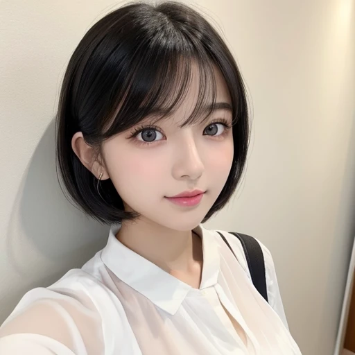 20-year-old women、Japanese、Beauty、The eyes are double、blouse、White Background、Beautiful Skin、Glossy Lips、Black short hair、whole body、Selfie