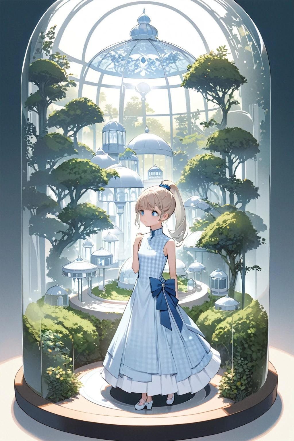 masterpiece, high quality. A detailed full-body illustration featuring a young girl with long, platinum blonde hair tied into a high ponytail with a large blue bow. She has large, captivating blue eyes and a thoughtful expression. She is dressed in a light blue and white checkered dress with a matching blue bow at the neckline. The girl is inside a glass dome, standing on a detailed circular platform that resembles a miniature architectural scene with a dome building and greenery. The background is clean and minimal, emphasizing the girl's elegant appearance and the intricate details of the miniature scene. The lighting is soft and diffused, highlighting her hair, eyes, and the fine details of her dress and surroundings, creating a magical and enchanting ambiance