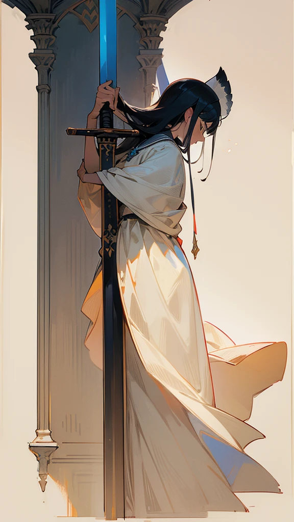 A sad girl stands in full height in profile in the distance with her head bowed and her right hand raised high above her head, clutching a sword.