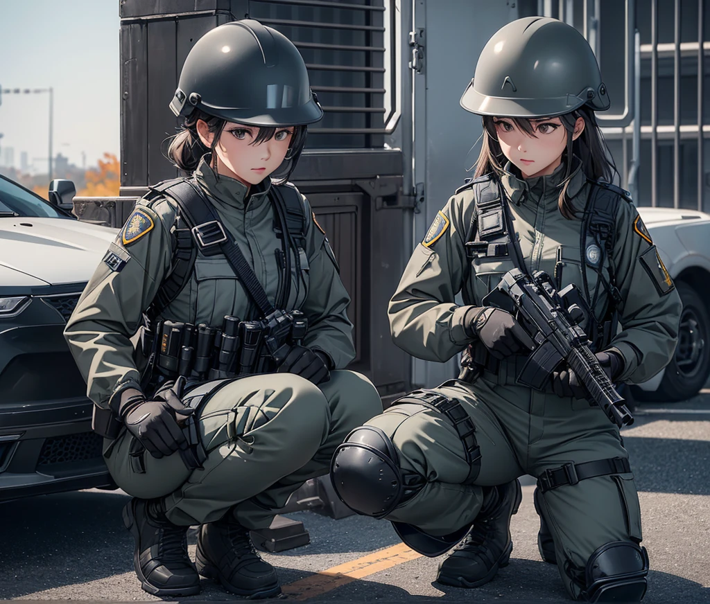 A group of female police officers wearing gray autumn uniforms、Wear a steel helmet、Gloves、Tactical shoulder strap、Military Pants、Knee pads、Write details、masterpiece、best quality、Highly detailed CG、8K picture quality
