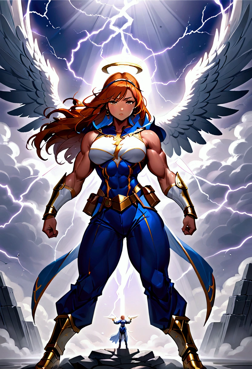 a_mighty_female_Valkyrie (((strong big muscles, heavy weighted))) a_sisters_veil_on_head (a navy blue veil) skin_color ((light brown skin with freckles on face)) eye_color ((eyes are green)) hair_color (brown and orange hair) armor_for_torso (silver gray armor) pants ((bell bottom pants blue)) high_heel_boots (white high heel boots) super_power_of_lightning ((casting lightning from hands)) (((masterpiece, Best quality, amazing, beautiful, heroic, saving the day, high resolution, angel wings)))