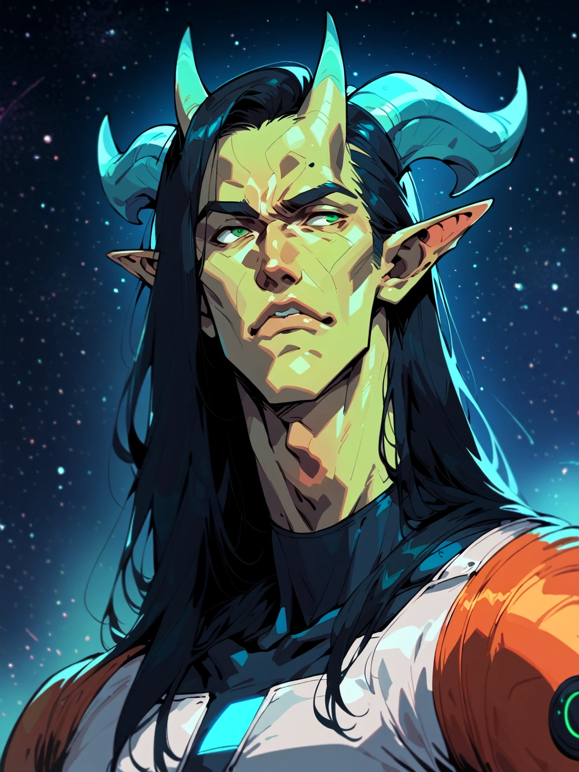 Horns, pointy ear, one character, solo male, alien horns, male, ((young male)), ager, sci fi, space, space clothes, long hair, black hair, green eyes, aquamarine skin, cosmic, space suit, cosmic feature, alien, futuristic space suit, ((twink)), boyish face, short face, relaxed, (joyish)