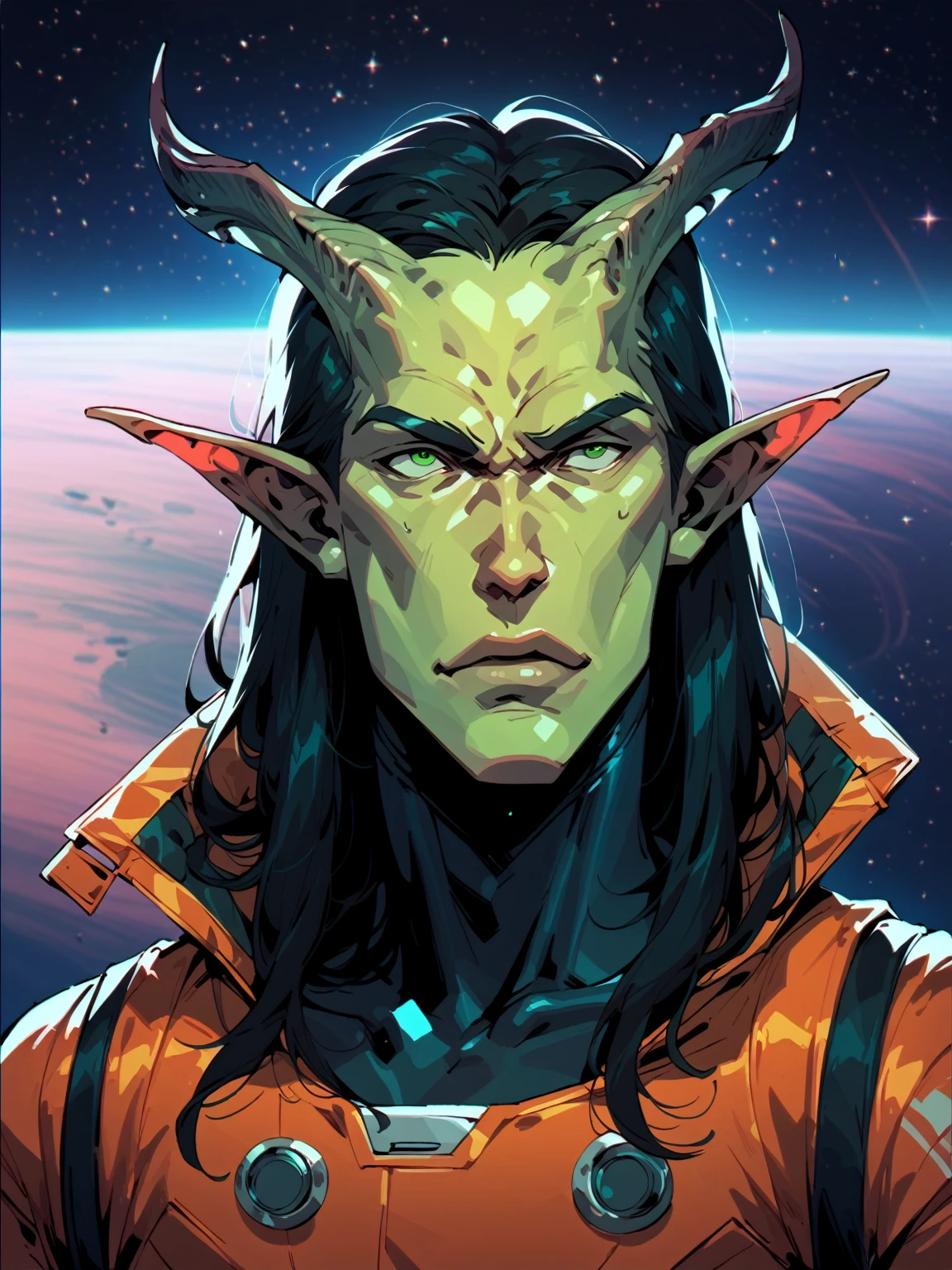 Horns, pointy ear, one character, solo male, alien horns, male, ((young male)), teenager, sci fi, space, space clothes, long hair, black hair, green eyes, aquamarine skin, cosmic, space suit, cosmic feature, alien, futuristic space suit, ((twink)), boyish face, short face, relaxed, (joyish)