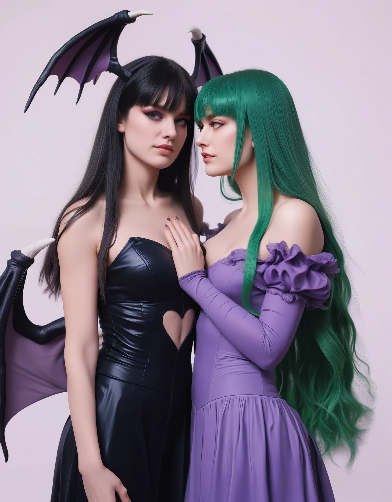 Stylized, full-body illustration of a female character Morrigan Aensland (Darkstalkers) with a fantasy theme. She has long, flowing mint-green hair and pale skin. Her facial features are delicate with a serious expression. She is dressed in a form-fitting outfit that is predominantly black with purple accents, including a heart-shaped cutout on her chest. The character has large, bat-like wings with a gradient color scheme transitioning from black to purple. Her pose is dynamic, with one arm extended forward and the other bent at the elbow. The background is plain white, emphasizing the character's details and colors, anime, anatomicamente correto, super detalhado, alta qualidade, 4K, anatomicamente correto, altos detalhes, superdetalhado, 4K