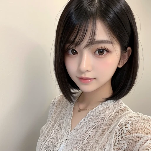 20-year-old women、Japanese、Beauty、The eyes are double、blouse、White Background、Beautiful Skin、Glossy Lips、Black short hair、whole body、Selfie