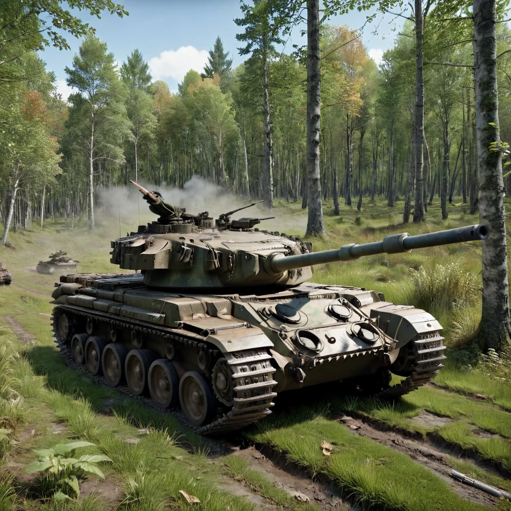 A Chieftain tank running through the forest,The tank is painted in forest camouflage 、(The body and gun barrel are disguised with grass and leaves:1.5).Realistic dirt and dents 、Side Shot,High quality, high definition, (masterpiece, best quality4k, 8k:1.5),Ultra detail,Photorealistic,dramatic lighting,Professional photography,