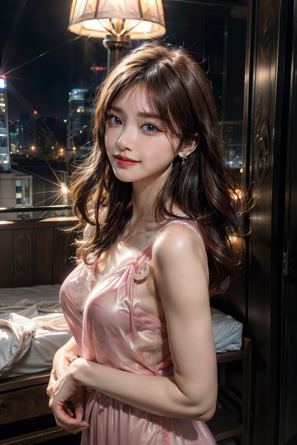 8k, masterpiece, RAW photo, best quality, photorealistic, extremely detailed CG unity 8k wallpaper, Depth of field, Cinematic Light, Lens Flare, Ray tracing, (extremely beautiful face, beautiful lips, beautiful eyes), intricate detail face, ((ultra detailed skin)) 1girl, in the dark, deep shadow, pretty Asian girl, idol,(very slim slender fit-muscled body:1.3), ((looking at viewer)),(big smile:1.3), (cityscape, blurry background), (dim lights, rooftops, veranda), pretty girl, earrings, bracelets, necklace, clear eyes, walking , front shot, (pale skin), face forward, (big eyes), ((full body shot)), ((black silk Laced)), ((see-through red color sleep gown:1.3)), (brown hairs) (looking at viewer:1.3), (laced panty), open breast, medium breasts, have a sheen , (See through, pink sleeping gown :1.3), wet clothes, no bra