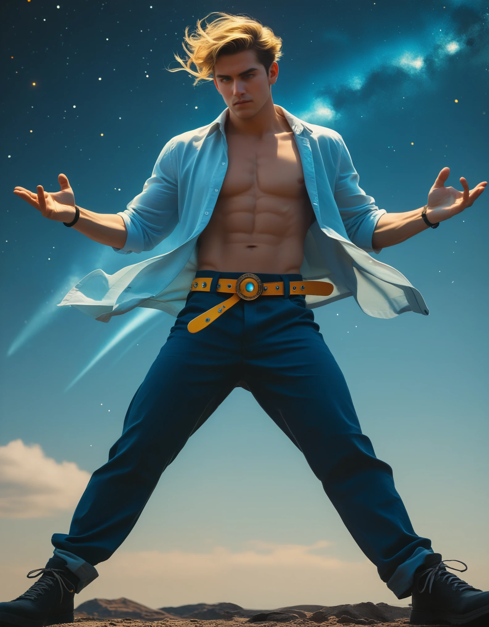 Digital illustration, stylized image Gohan featuring a character with spiky, golden hair standing in a dynamic pose. The character has a muscular build and is wearing a white, open shirt that billows in the wind, revealing a defined chest. The pants are dark and loose-fitting, secured with a belt, and the character is wearing black shoes with blue socks. The background is a vibrant, starry sky with a gradient from blue to yellow, suggesting a celestial or otherworldly setting. The overall color palette is rich and vivid, with a strong emphasis on blues and yellows, creating a dramatic and powerful visual effect, anime, anatomically correct, super detail, high quality, 4K