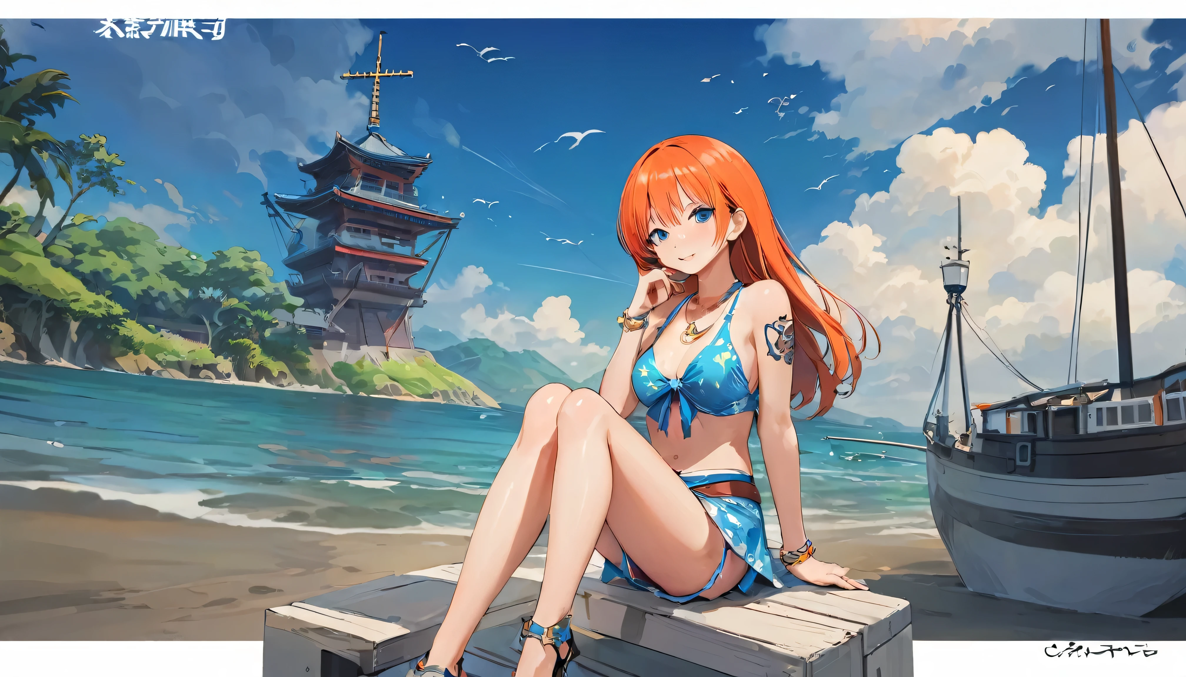 Orange Hair: Long and Straight Orange Hair。
Blue tattoo: A blue windmill and tangerine tattoo on the left shoulder。
Slim figure: Slim and stylish body type。
Weather sticks: Nami has「Weather sticks(Clima-Tact)」。
Smile: A bright and cheerful smile。
clothing: Frequently worn revealing clothing、Especially bikinis, tank tops and shorts。
Symbol of the Ocean Sailor: Ship's rudder and map、Compass and other ocean-related props。
Weather-related factors: cloud、thunder、Place weather elements such as rain in the background or on hand。
Ocean: To show that Nami is an Ocean thief、Ocean and ships in the background。
Tan Skin: Healthy Tan Skin。
accessories: Gold earrings and bracelets。
tracing: 自信に満ちたtracingや、Weather sticksを構えるアクティブなtracing。
expression: Witty and intelligent expression、A gentle expression of compassion for friends。
Blue eyes: ナミの特徴的な大きなBlue eyes。
Long legs: Accentuate your shapely long legs。
background: Ship deck and ocean scenery。
Movement: Movement with hair blowing in the wind、Weather sticksを振るアクション。
fashion: Fashionable clothing and accessories for the fashion-conscious。
Comic style: 『one piece』Designed to match the style of anime and manga。
Colorful colors: Vivid colors express the brightness of the characters。