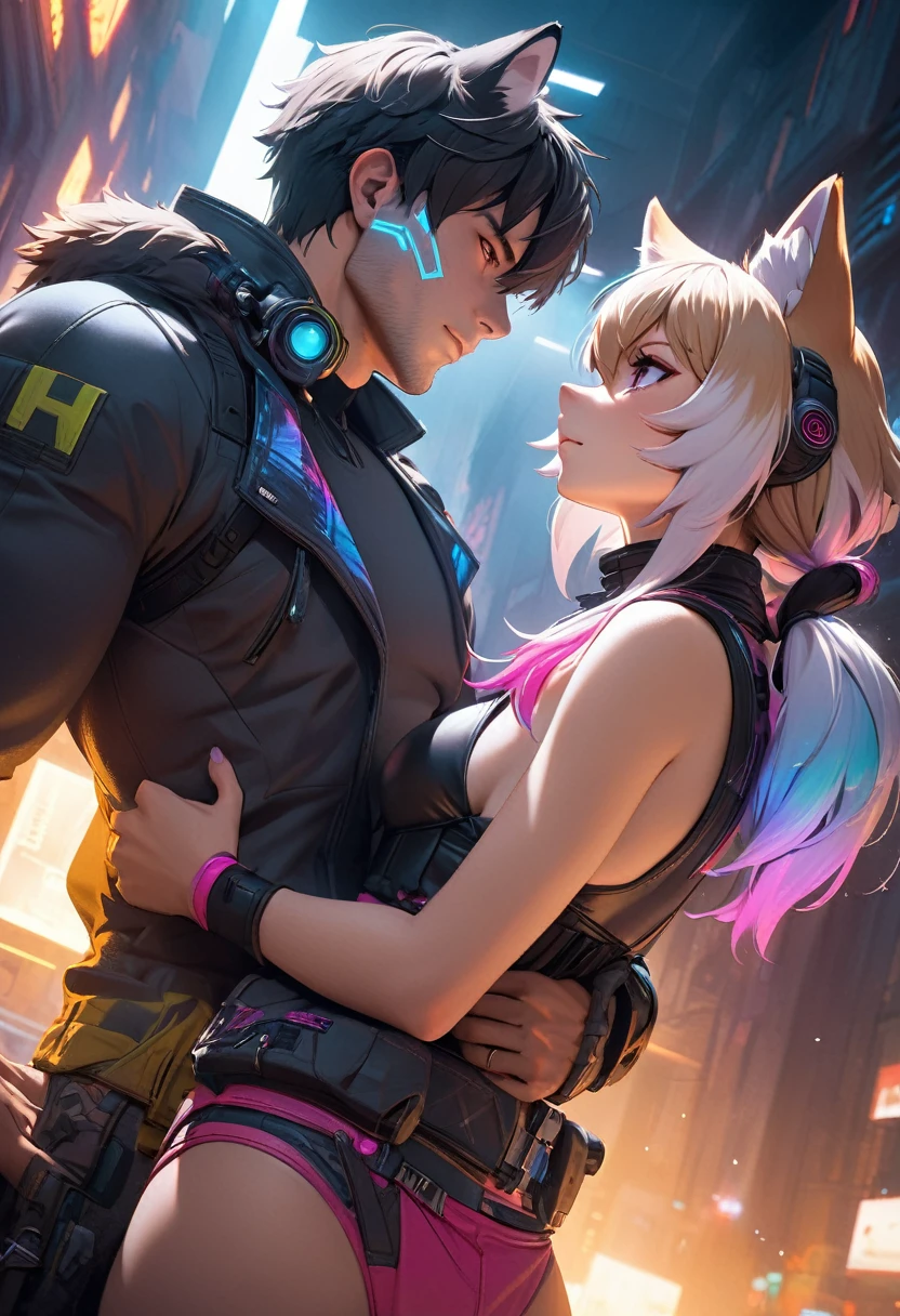 masterpiece, best quality, highres, resolution, vibrant colors, smooth gradients, (1boy, 1girl, hero, heroine, kemono, furry, anthro)atmospheric perspective, intricate details, natural lighting effects, realistic textures, immersive scene, steamy storyline, cyberpunk aesthetic, erotic impression, sensuality,