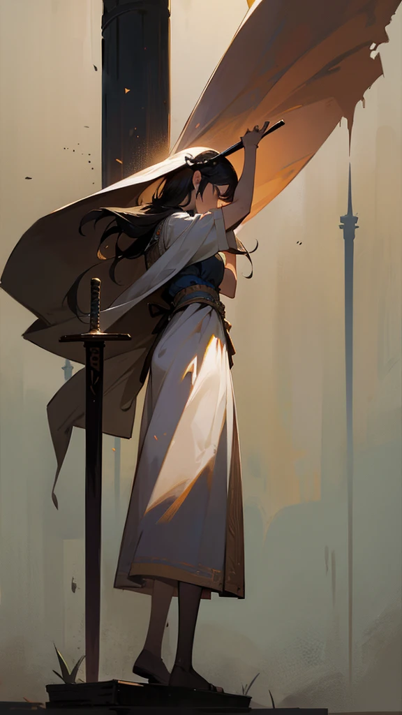 A sad girl stands in full height in profile in the distance with her head bowed and her right hand raised high above her head, clutching a sword.