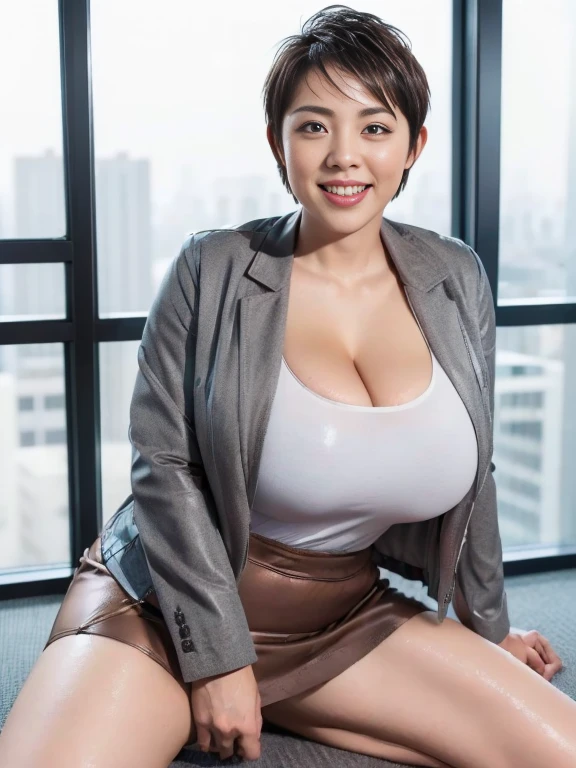 In 8K、Ultra-high resolution、Highest quality、Masseter region、Realistic、Ultra-high resolution、(Huge 、Quite large breasts、Huge cleavage、Toned body:1.3)(Always an office lady、Wet white shirt、must wear a gray tight skirt and jacket、Office in a high rise building:1.3)(Very short brown hair、Japanese women、very cute、Cute Smile:1.28)Black Pin Heels,(((Full body photo))),((Detailed face:1.5)),((((Very short hair:1.2))))、Sexy thighs、Spread legs、White panties