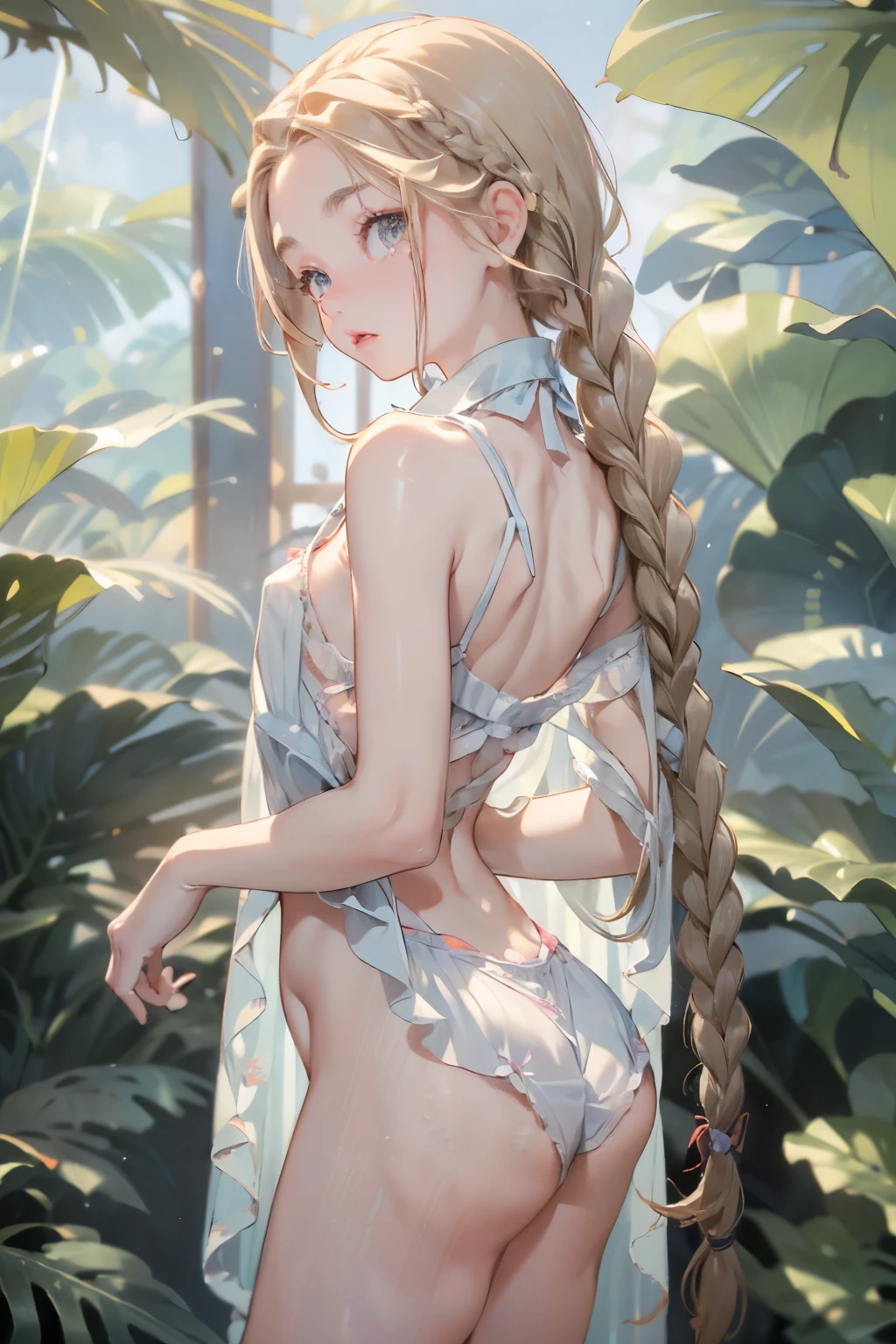 ((best quality)), ((masterpiece)), (detailed), 1girl, (big forhead:1.2),extremely detailed cute anime face, (((flat chest))), (flat chest:1.1),((((long twin braids,tight braids,long braid,braided hair,long hair)))),intricate eyes,beautiful detailed eyes,symmetrical eyes,(((detailed face))),beautiful detailed lips, looking at this, (((embarrassed))),(horrified expression),(panic),(crying),highres,(best quality),(ultra detailed,extremely detailed),perfect face details, ((masterpiece:1.4, best quality))+, (ultra detailed)+, long twintails, cute girl, (flat chest:1.1), small breasts, slim body, skinny, (narrow hips), prominent collarbones, skinny arms, flat stomach, visible hip bones, long hair, red hair, white hair, blonde hair, dark hair, ponytail, thick ponytail, heavy ponytail, small breasts, perfect face, small breasts (flat chest:1.1), NSFW, long revealing gown,Detailed body,Full limbs,(from behind), (turning), NSFW, (flat chest:1.1), wild environment, jungle, nature