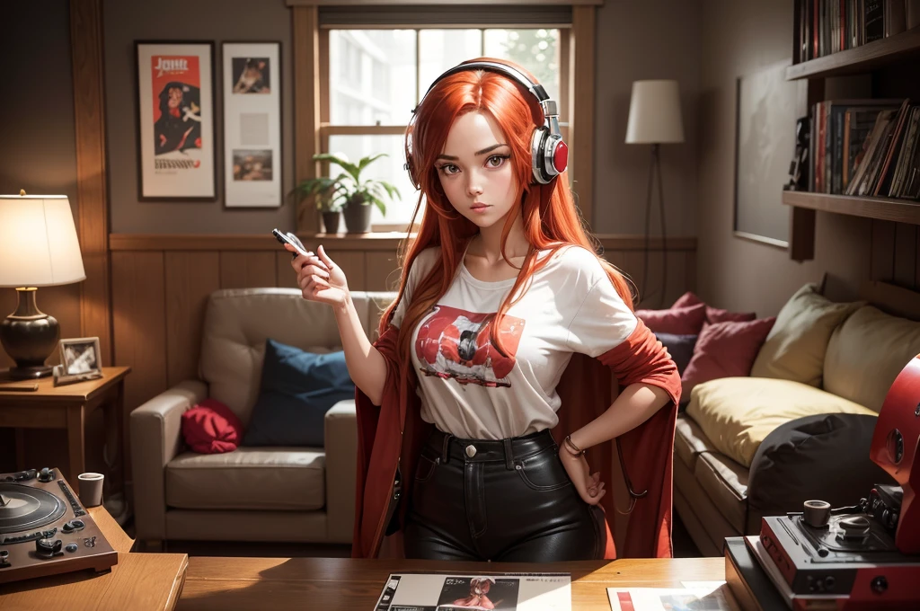 Create an image of a young woman with long, straight red hair and red eyes. She is wearing modern headphones. Young girl is putting a vinyl record on a classic record player. The setting can be a cozy living room, decorated in a retro style. Include elements like shelves with vinyl records, a vintage armchair, and soft, welcoming light. The art style should be cartoonish, reminiscent of the style of 1980s anime, with vibrant colors and nostalgic details. Show the young woman's concentrated expression as she puts the record on the turntable. Make sure the headphones are clearly visible and detailed, highlighting the modern contrast against the retro backdrop. Include some additional elements to bring the scene to life, such as posters of famous 80s bands on the walls and a plant in a corner of the room.