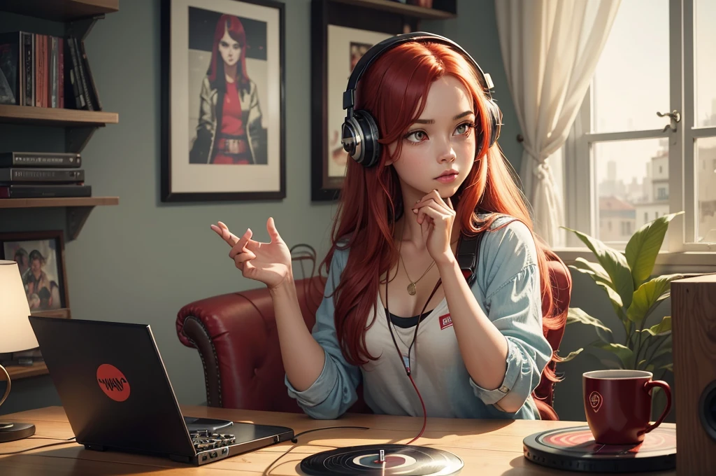 Create an image of a young woman with long, straight red hair and red eyes. She is wearing modern headphones. Young girl is putting a vinyl record on a classic record player. The setting can be a cozy living room, decorated in a retro style. Include elements like shelves with vinyl records, a vintage armchair, and soft, welcoming light. The art style should be cartoonish, reminiscent of the style of 1980s anime, with vibrant colors and nostalgic details. Show the young woman's concentrated expression as she puts the record on the turntable. Make sure the headphones are clearly visible and detailed, highlighting the modern contrast against the retro backdrop. Include some additional elements to bring the scene to life, such as posters of famous 80s bands on the walls and a plant in a corner of the room.
