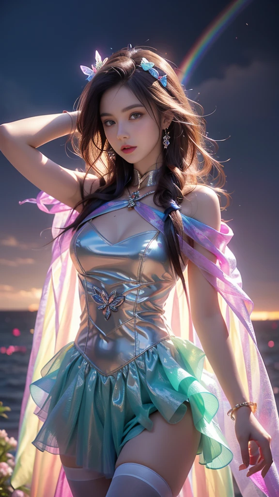 8K, ultra hd, masterpiece, hd colors, 1 girl, perfect face, very long curly hair, detailed eyes, detailed dress, ((rainbow dress)), stocking, flower lace, ((mesh ribbon)), sardine, straps, net clothing, loops, ((flowing cape)), bare navel, jwellery, waterside, Realistic scenery, epic scenery, sun rising, night, clouds, Butterfly, blossom, blowing wind, perfect pose, ray tracing, bloom, upper body,