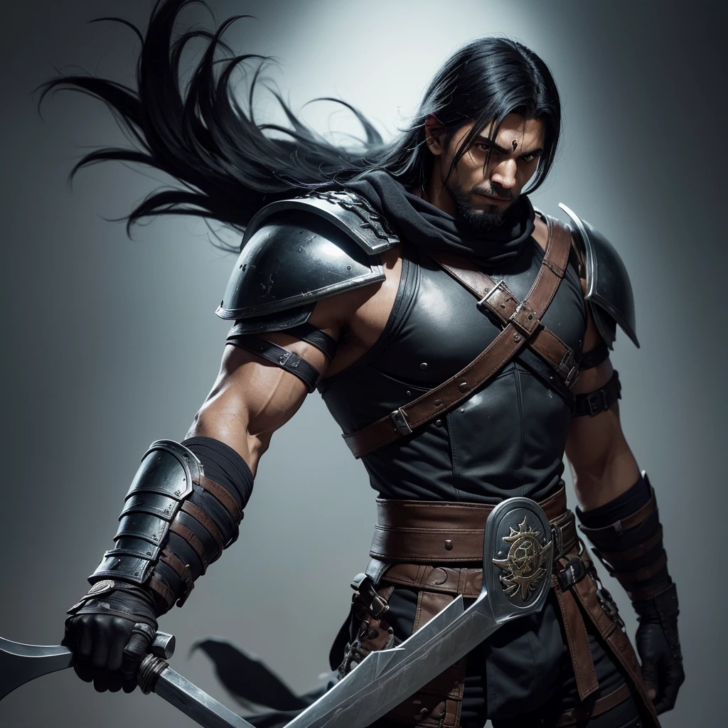 Brazilian warrior, mutant man, black hair, with black templar armor, black gloves, curved double-edged sword in his hands, ninja bandana in his face