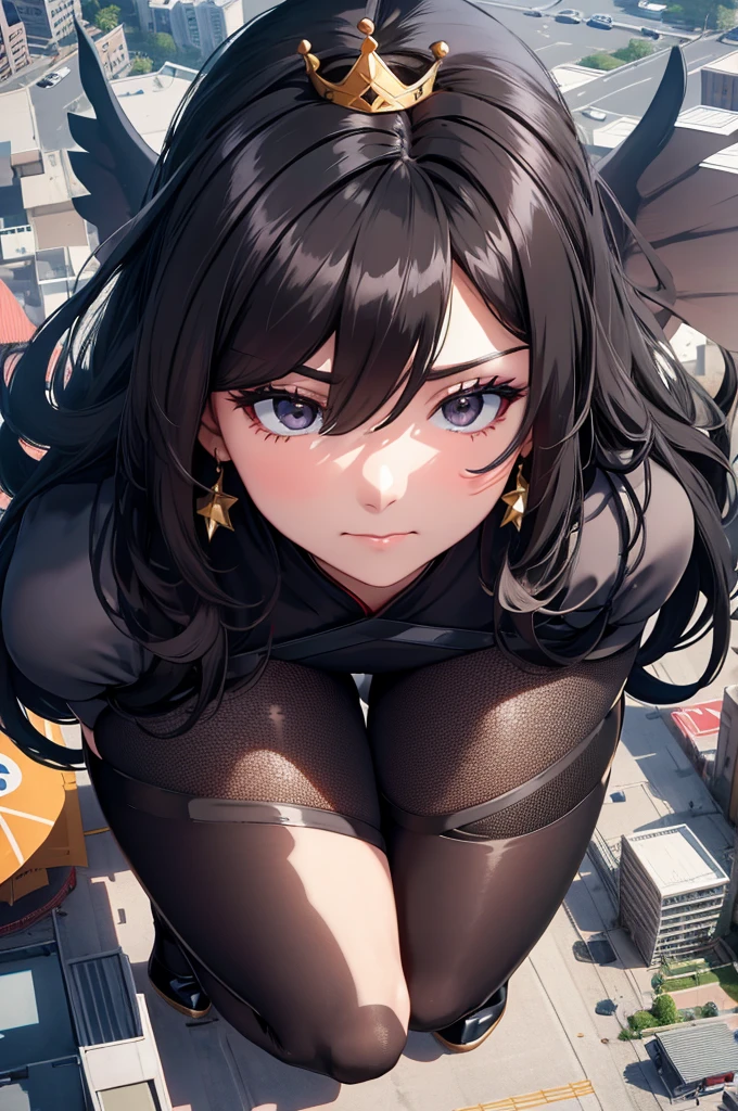 Giant Girl 50,000 feet high,Weight 1000 kg,Have a pair of long legs,Like a demon queen who is pregnant for ten months,Smirked,Enjoyed the look,How many pairs of devil wings are there?,Wearing a crown symbolizing the devil,Wearing white earrings,She has long black hair.,Loose hair,Black long wavy hair,Wearing a pair of black boots,Black sleeves,Wearing black lace pantyhose,Bow and star embellished tights,黑色蕾丝whole body,Beautiful appearance,Exquisite makeup,quality,8k,高quality,Perfect proportion, Cinema Lighting,Film Grain,Fuji Color,8k,Textured Skin,Super Detail,High Detail,high resolution,charming,Lying in the city,Trampling destroys the city,Blood,脚底有Blood,whole body,fat,Aerial View