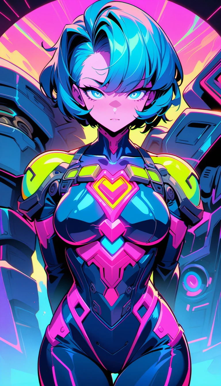 ((best quality)) , ((masterpiece)) , (detailed)，League of Legends Champion Z amidst, with a giant iron armoured body and glowing blue eyes, and an internal mechanical heart displayed on his chest, in the style of fantasy.,retro cyberpunk  . 80's inspired, synthwave, neon, vibrant, detailed, retro futurism
