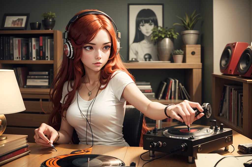 Create an image of a young woman with long, straight red hair and red eyes. She is wearing modern headphones. Young girl is putting a vinyl record on a classic record player. The setting can be a cozy living room, decorated in a retro style. Include elements like shelves with vinyl records, a vintage armchair, and soft, welcoming light. The art style should be cartoonish, reminiscent of the style of 1980s anime, with vibrant colors and nostalgic details. Show the young woman's concentrated expression as she puts the record on the turntable. Make sure the headphones are clearly visible and detailed, highlighting the modern contrast against the retro backdrop. Include some additional elements to bring the scene to life, such as posters of famous 80s bands on the walls and a plant in a corner of the room.